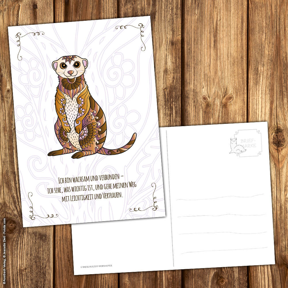 Postkarte Krafttier Erdmännchen "Wachsamkeit & Verbundenheit" – Bild 2