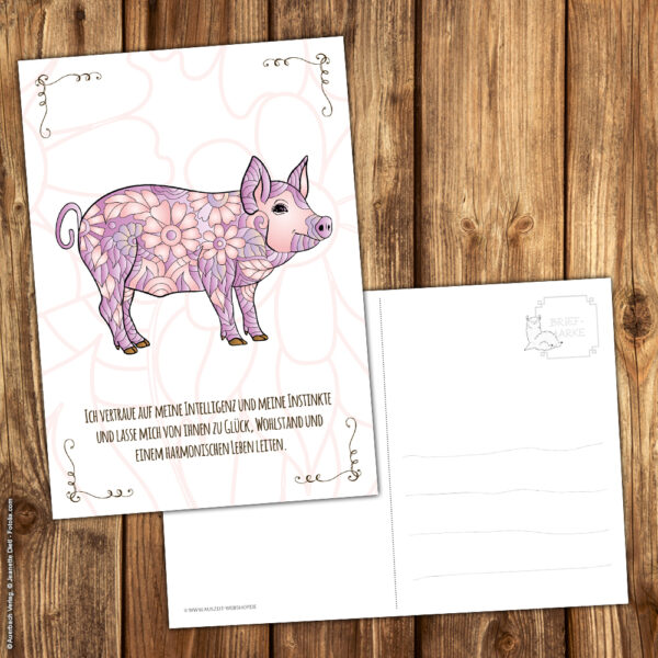 Postkarte Krafttier Schwein "Intelligenz & Wohlstand" – Bild 2