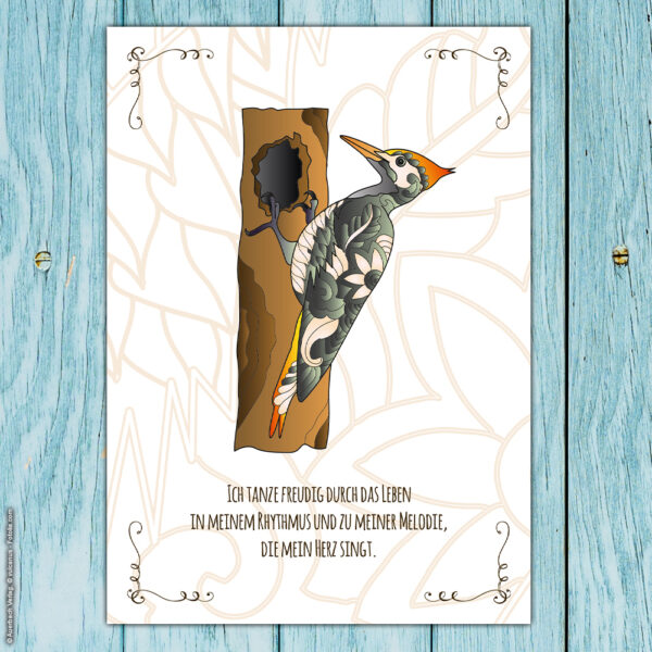 Postkarte Krafttier Specht "Rhythmus & Melodie" – Bild 2