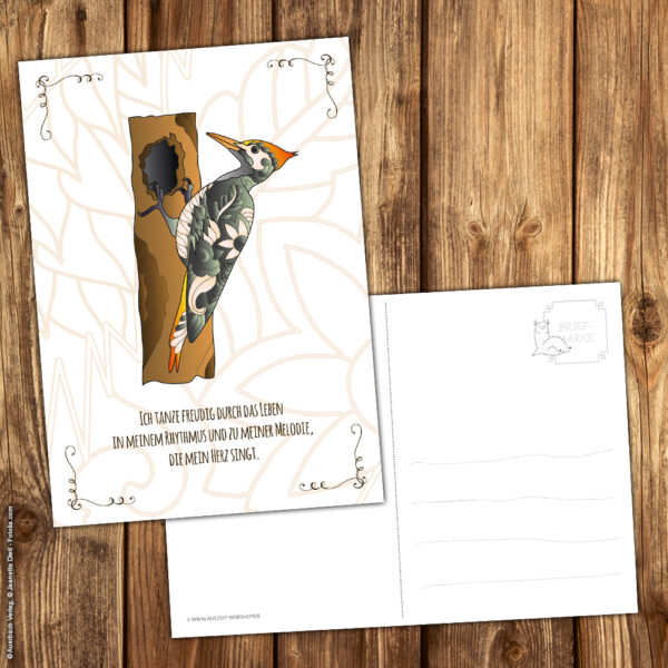 Postkarte Krafttier Specht "Rhythmus & Melodie" – Bild 3