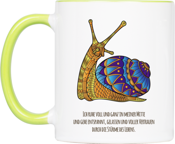 Tasse Krafttier Schnecke „Gelassenheit & Vertrauen“ (330, 400, 450 ml / versch. Farben)